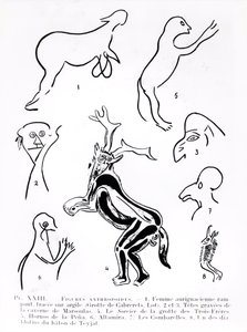 Antropoïde figuren in prehistorische grotten, uit Les Artistes Prehistoriques door Morin-Jean, 1933