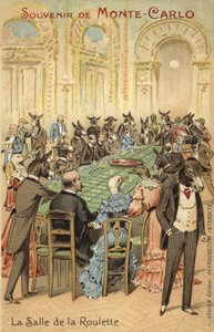 Antropomorfe illustratie van de dwaasheden van het casino van Monte Carlo (kleurenlitho) door French School