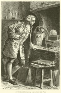 Antoine Lavoisier ontdekt de samenstelling van lucht (gravure)