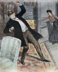 Apoplexieaanval (plotselinge stopzetting van hersenactiviteit door een ongeluk in de bloedcirculatie in de hersenen). Illustratie uit het einde van de 19e eeuw voor de roman "gogosse" door Max Villemer. door French School
