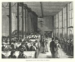 Leerlingen in de werkplaatsen van de Ecole Diderot in Parijs, Frankrijk door French School