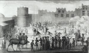 Arabische Strijders die oefenen in Jemen, uit Beschrijving van Arabië gemaakt op basis van eigen observaties en adviezen verzameld ter plaatse door Carsten Niebuhr, gepubliceerd 1774 door French School