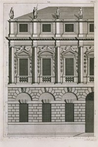 Architectonisch ontwerp dat Palladiaanse verhoudingen demonstreert, gegraveerd door Bernard Picart (1673-1733) ca. 1716
