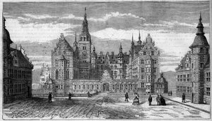 Architectuur: buitenaanzicht van het kasteel van Frederiksborg (circa 1625) in Denemarken.