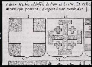 Wapens van Montmorency en Godefroy de Bouillon - in "De ware en perfecte wetenschap van de wapenkunde of de index van wapens" door Pierre Paillot door French School