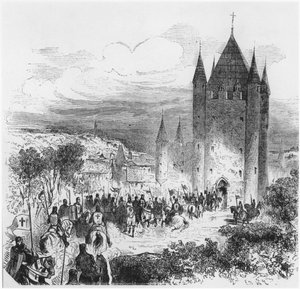 Leger van Tempeliers betreedt de Tempel in Parijs, illustratie voor een Histoire de France, midden 19e eeuw