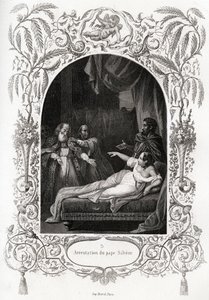 Arrestatie van paus Silvere (Silverio) (Paus van 536 tot 537). Gravure ter illustratie van Geschiedenis van de pausen door Maurice Lachatre (1814-1900), librairie du progres, Parijs. door French School