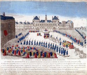 Aankomst van Lodewijk XVI bij het Stadhuis van Parijs op 17 juli 1789 - gravure door French School
