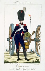 Artillerist van de Koninklijke Wacht met een kanon, uit Troupes Francaises, uitgegeven bij Basset, Parijs door French School
