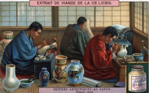 Artistieke metiers in Japan: emailschilderen. Liebig chromolithografie, 20e eeuw.