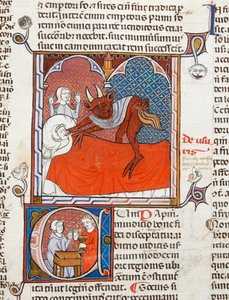 Een duivel of demon op het bed van een dode persoon, illustratie uit Digestum Vetus met gloss ordinaria, door Justinianus, c.1300-10 door French School