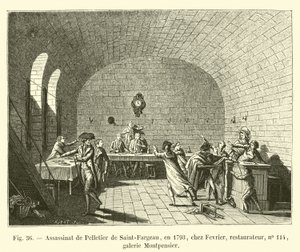 Moord op Pelletier de Saint-Fargeau, in 1793, bij Fevrier, restaurateur, nr. 114, Montpensier galerij door French School