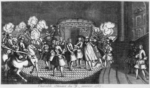 Moordaanslag op Koning Lodewijk XV (1710-74) door Robert François Damiens op 5 januari 1757 door French School