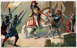 Moord op Etienne Marcel, rijke drapier en Prévôt des kooplieden (1316-1358) door de schepen Jean Maillart, een van de leiders van de royalistische partij, in juli 1358. Chromolithografie van het einde van de 19e eeuw.