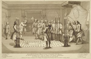 Vergadering van Vrijmetselaars voor de initiatie van een meester, uit De Ceremonies van Religie en Gewoonte c.1733 door French School