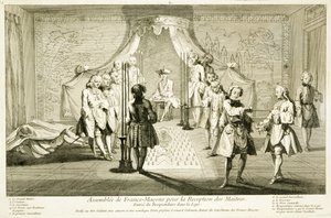 Vergadering van Vrijmetselaars voor de initiatie van een meester, de binnenkomst van de kandidaat in de loge, uit De Ceremonies van Religie en Gewoonte, c.1733 door French School