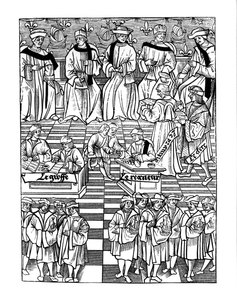 Vergadering van het provoostschap van de kooplieden van Parijs, naar een houtsnede in Ordannances Royaux de la Jurisdiction de la Prevote de Marchands et Eschevinage de la Ville de Paris door Jacques Nyverd