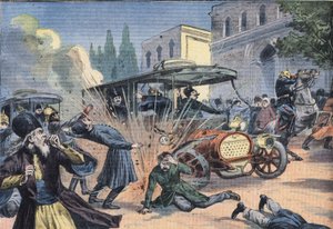 Aanval op de sjah van Perzië Mohammad Ali Shah Qajar (1872-1925). Gravure uit de krant "Le Petit Parisien" door French School