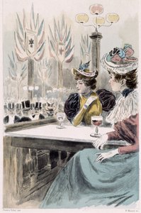 Au Moulin Rouge: vrouwen zittend voor een glas - in "Nos contemporains" door Octave Uzanne door French School