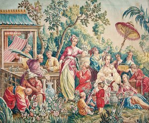 Aubusson Carton voor een Wandtapijt van Figuren in een Oosterse Tuin door French School
