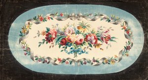 Aubusson ontwerp voor een bankrug of zitrug van boeketten van gemengde bloemen binnen lint- en bloemenranden door French School