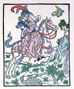 Aucassin en Nicolette op een paard, uit de vroege 13e-eeuwse chantefable Aucassin et Nicolette door French School