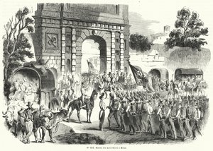 Oostenrijkse troepen betreden Milaan, Italië, 6 augustus 1848 (gravure)