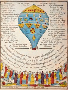 Ballonvlucht: ervaring van de gebroeders Montgolfier op 19 oktober 1783 in de tuin van Monsieur Reveillon, faubourg Saint Antoine in Parijs. Tijdperk gravure. Parijs, B.N. door French School