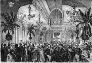 Banket van de krant "Le Figaro", gegeven op 6 februari 1864 in de salon van het Restaurant du Passage des Princes in Parijs, bijgewoond door journalisten, schrijvers, artiesten... Aanwezig, van links naar rechts: Nestor Roqueplan, Mme Ugalde, de Montaut, P