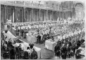 Banket georganiseerd op 14 augustus 1859 door Napoleon III in de Staatszaal van het Denon-paviljoen in het Louvre (Parijs) ter ere van de soldaten van het Italiaanse leger na hun overwinning bij het Risorgimento in 1859. Gravure in Le Monde Illustré nr. 12