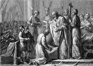 Doop van Clovis I, 25 december 496: de koning van de Franken (466-511) wordt gedoopt door Sint Remi (437-533), bisschop van Reims, in de kerk van Sint Martin. Gravure uit de 18e eeuw.