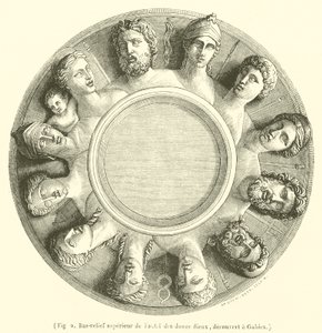 Bovenste bas-reliëf van het altaar van de twaalf goden, ontdekt in Gabies (gravure)