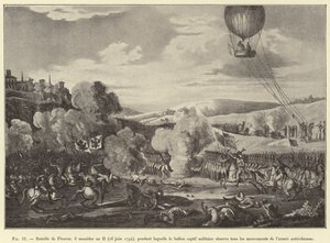 Slag bij Fleurus, 8 messidor jaar II (26 juni 1794), waarbij de militaire luchtballon alle bewegingen van het Oostenrijkse leger observeert door French School