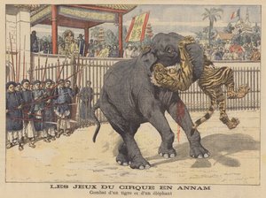 Gevecht tussen een olifant en een tijger in een circus in Annam, Indochina (kleurenlitho)