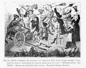 Slag van Bedelaars en Boeren om een Wijnvat, uit het Boek van Koning Modus, illustratie uit Wetenschap en Literatuur in de Middeleeuwen en de Renaissance, geschreven en gegraveerd door Paul Lacroix