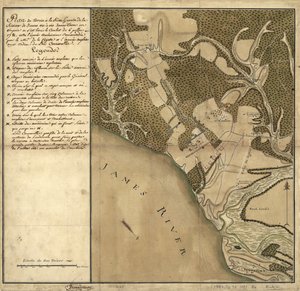 Slag bij Green Spring, Kaart van het Land aan de Linkeroever van de James River tegenover Jamestown in Virginia waar de Slag van 6 Juli Plaatsvond