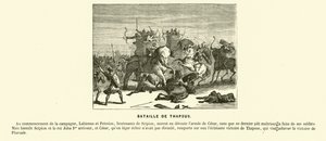 Slag bij Thapsus, Noord-Afrika, Caesars burgeroorlog, 46 v.Chr. (gravure) door French School