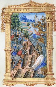 Slagveld tussen boogschutters en cavalerie, met kasteel en schepen, c.1495-1500