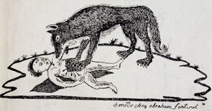 Beest verscheurt een kind (beest van de Gévaudan) - houtsnede gepubliceerd in Mende (Archives du Puy-de-Dôme) door French School