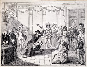 Beaumarchais geseling in Saint Lazare - scène van geseling door Beaumarchais, met in de hand de brochure van de Folle journée - naar schilderij van de Comédie Française, gravure