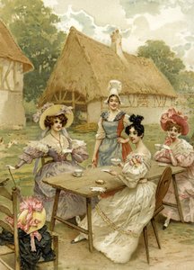Mooie rijke vrouwen drinken thee op een boerderij door French School