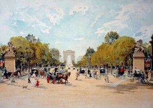 Belle Epoque: uitzicht op de Avenue des Champs Elysees en de Arc de Triomphe in Parijs. Anonieme aquarel uit 1895. Parijs, Decoratieve Kunsten