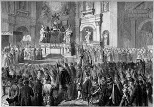 Zegen door paus Pius IX (1792-1878) van het altaar van de preekstoel van de Sint-Pieterskerk in Rome, na restauratie. Altaar gebouwd tussen 1656 en 1658 door Gianlorenzo Bernini.