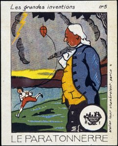 Benjamin Franklin, Amerikaans politicus en natuurkundige (1706-1790) en de bliksemafleider (de ervaring met de vlieger) - Etiket, begin 20e eeuw door French School