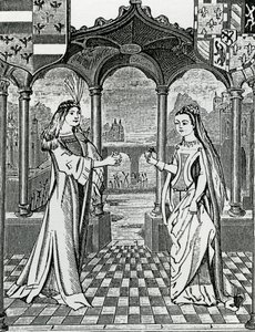 Verloving van Maximiliaan I en Maria, Hertogin van Bourgondië in 1477, naar een afbeelding in de Chroniques de Flandre door French School