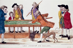 Biljartspelers (thermidor van het jaar 8 van de revolutionaire kalender) (1800). Cartoon. Kleurgravure van de Franse school uit de revolutionaire periode. Parijs, Musee Carnavalet