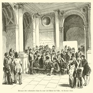 Bivak van vrijwilligers in de binnenplaats van het stadhuis, 26 februari 1848 door French School