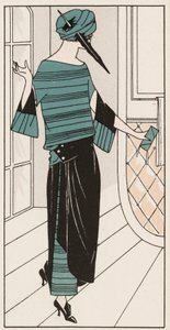 Zwart met turquoise crêpe de Chine jurk uit de jaren 1920 (kleurenlitho)