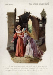 Blauwbaards vrouw zegt tegen haar zus, Anne, dat ze de toren van het kasteel moet beklimmen en uitkijken naar haar broers door French School