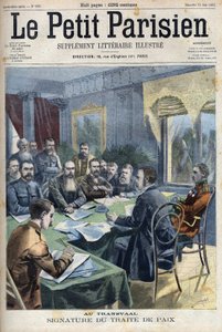 Boerenoorlog. De ondertekening van het Vredesverdrag van Transvaal tussen Boerenleiders en de Britse generaal Horatio Herbert Kitchener (1850-1916) in Pretoria, Zuid-Afrika. Gravure in "Le Petit Parisien" door French School